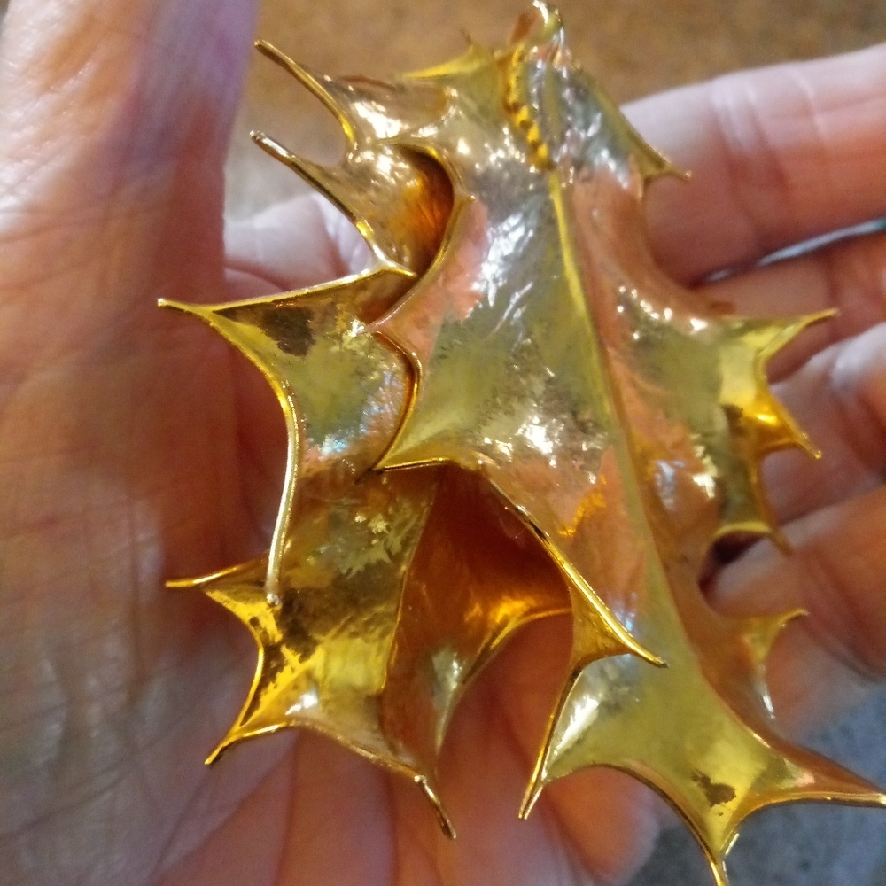 Double Fused Holly Leaves Dipped In 14k Yellow Go… - image 1